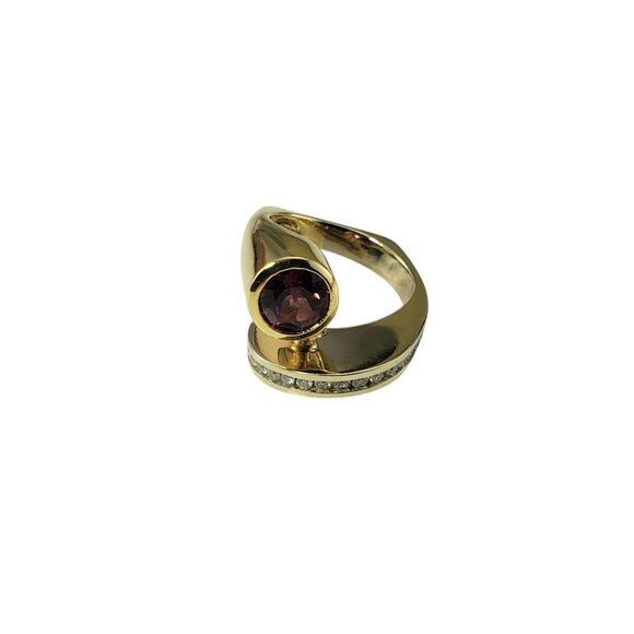 14K Two Tone Gold Garnet & Diamond Bypass Ring Size 6.5 #19748 - Picture 2 of 9